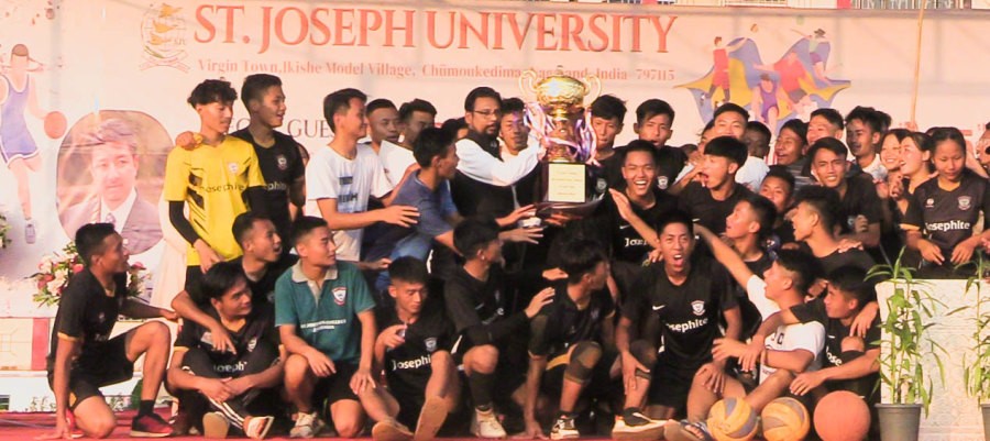 Players from St Joseph College pose with the first-ever St Joseph Trophy organised by St Joseph University Nagaland at its campus from October 13-15. (Photo: PRO SJC)